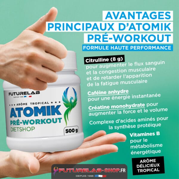Gros plan sur une main tenant un pot de FutureLab Atomik Pré-Workout Dietshop, pub colorée à fond vert avec texte descriptif.