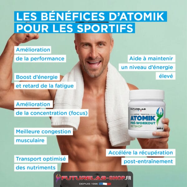 Homme musclé tenant un pot de supplément Atomik, texte bleu sur fond vert: bénéfices pour sportifs et liste d’avantages.