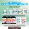 Affiche publicitaire montrant des compléments alimentaires sur deux étagères, avec logo FutureLab-Shop et texte décomposant “DÉCOUVREZ LES AUTRES COMPLÉMENTS ALIMENTAIRES” et “DIETSHOP”.