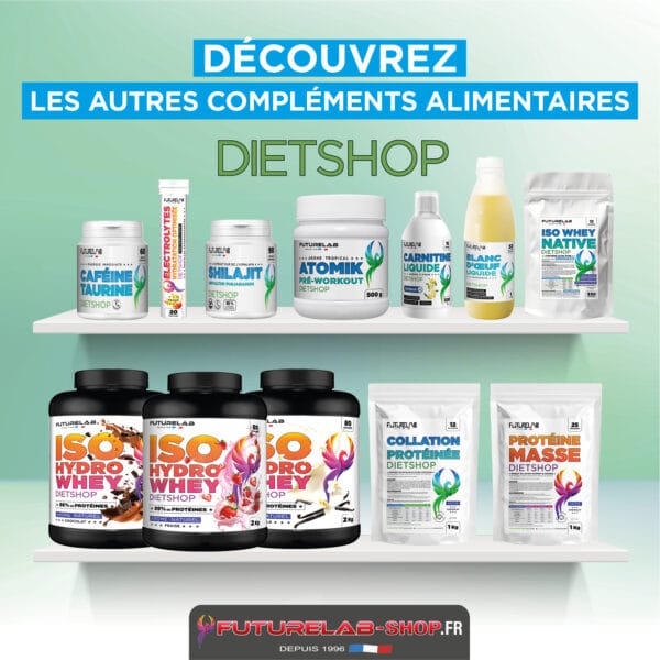 Affiche publicitaire montrant des compléments alimentaires sur deux étagères, avec logo FutureLab-Shop et texte décomposant “DÉCOUVREZ LES AUTRES COMPLÉMENTS ALIMENTAIRES” et “DIETSHOP”.