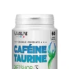 Pot de caféine taurine « CAFÉINE TAURINE » en gélules, boîte blanche avec texte bleu et vert, 60 gélules végétales.