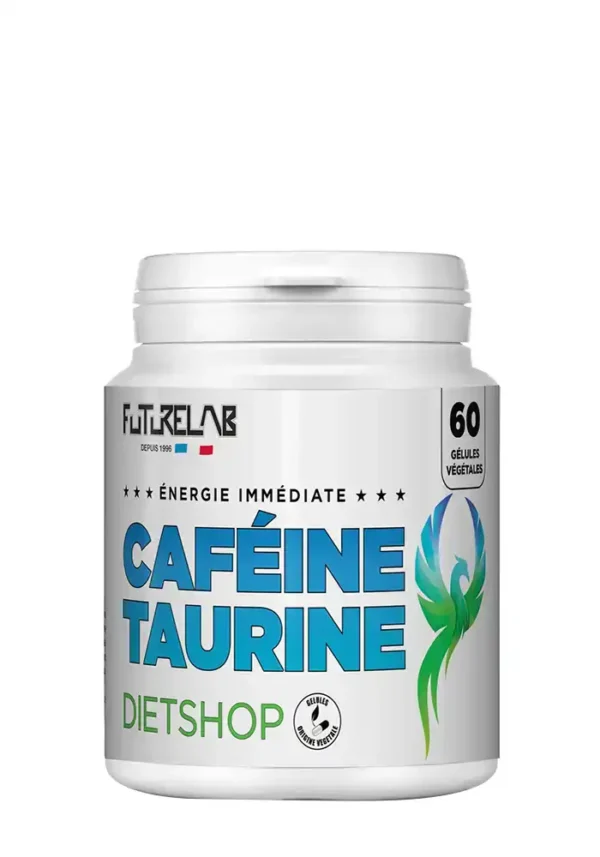 Pot de caféine taurine « CAFÉINE TAURINE » en gélules, boîte blanche avec texte bleu et vert, 60 gélules végétales.