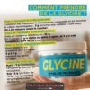 Complément nutritionnel Glycine en flacon bleu, avec texte jaune sur fond blanc expliquant les usages.