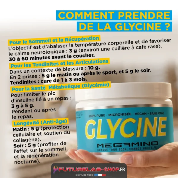 Complément nutritionnel Glycine en flacon bleu, avec texte jaune sur fond blanc expliquant les usages.