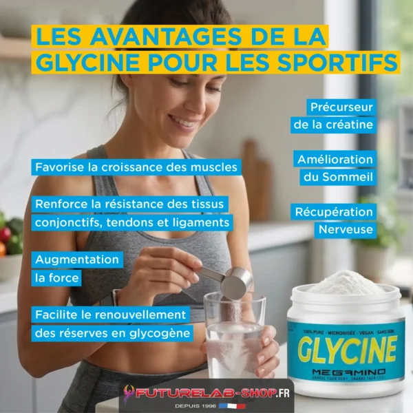 Publicité d’un produit Glycine: femme mesurant une cuillère dans un verre, pot de Glycine en poudre à côté, texte “LES AVANTAGES DE LA GLYCINE POUR LES SPORTIFS”.