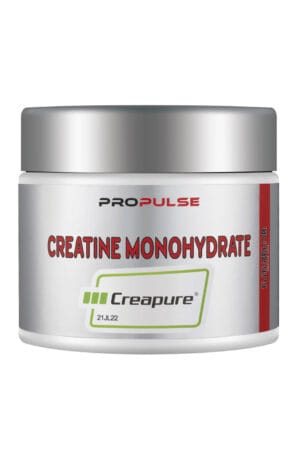 Crée une image montre un pot blanc de Creatine Monohydrate ProPulse avec étiquette gris argenté et logo CreaPure en vert.