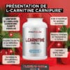 Présentation d’un flacon blanc de L-Carnitine 1000 mg avec étiquette ProPulse, sur socle rouge, entouré de texte descriptif et logos.