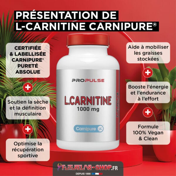 Présentation d’un flacon blanc de L-Carnitine 1000 mg avec étiquette ProPulse, sur socle rouge, entouré de texte descriptif et logos.