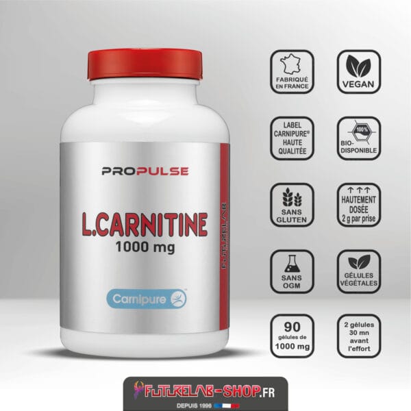 Bouteille blanche de L-Carnitine 1000 mg avec bouchon rouge et étiquettes ProPulse, côté droit icônes vegan et sans gluten.