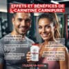 Effets et bénéfices de L-Carnitine Carnipure, avec deux sportifs souriants et une bouteille de complément alimentaire au centre.