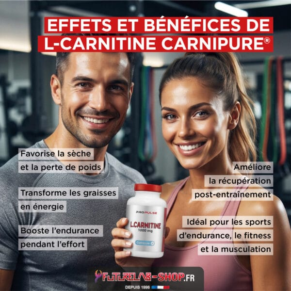 Effets et bénéfices de L-Carnitine Carnipure, avec deux sportifs souriants et une bouteille de complément alimentaire au centre.