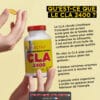 Boîte de CLA 2400 jaune avec bouchon rouge, entourée de doigts, accompagnée d’un texte explicatif sur les bienfaits du CLA.