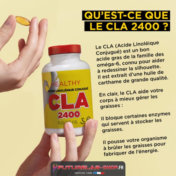 Boîte de CLA 2400 jaune avec bouchon rouge, entourée de doigts, accompagnée d’un texte explicatif sur les bienfaits du CLA.