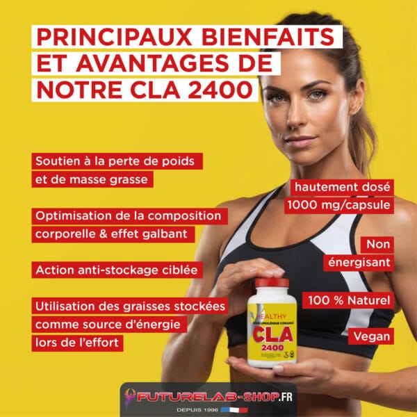 Principale femme musclée posant avec une bouteille CLA 2400 sur fond jaune, liste de bienfaits en étiquettes rouges autour.