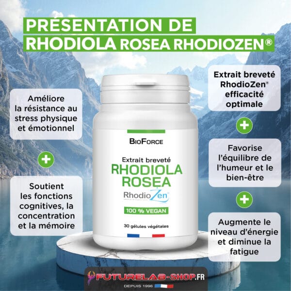 Présentation d’un complément alimentaire Rhodiola Rosea en bouteille blanche sur socle, avec texte et icônes explicatives autour.