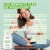 Les bienfaits clés de Rhodiola rosea en affiche publicitaire : liste des avantages et flacon en bas à gauche.