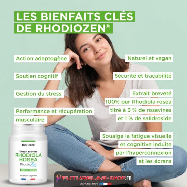 Les bienfaits clés de Rhodiola rosea en affiche publicitaire : liste des avantages et flacon en bas à gauche.
