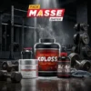 PACK MASSE RAPIDE: assortiment de compléments de musculation sur fond de salle, pot de protéines KOLOSS, créatine, et stimulant pré-workout, ambiance gym.