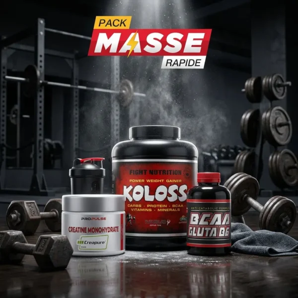 PACK MASSE RAPIDE: assortiment de compléments de musculation sur fond de salle, pot de protéines KOLOSS, créatine, et stimulant pré-workout, ambiance gym.