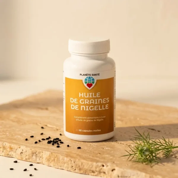 Flacon blanc de capsule contenant Huile de Graines de Nigelle sur planches en bois, étiquette orange et graines noires à côté.