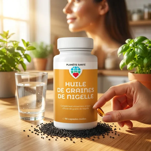 Gélule d’huile de graines de nigelle dans une bouteille orange, sur une table près d’un verre d’eau et de petites graines noires autour. Planter Santé.