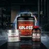 PUISANT groupement de suppléments de musculation: boîte centrale KOLOSS Power Weight Gainer entourée de Creatine Monohydrate et BEAM GLUTA B6 en gym, reflet au sol.