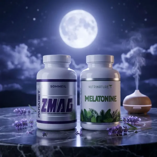 Deux compléments nocturnes: ZMAΔ et Mélatonine de la gamme PACK SOMMEIL, sur une surface sombre avec lune et brume.