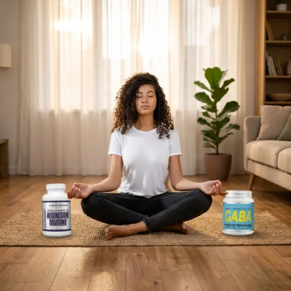 Jeune femme en méditation assise en tailleur sur un tapis, entourée de deux bouteilles du PACK ANTI-STRESS sur le bois, intérieur calme.