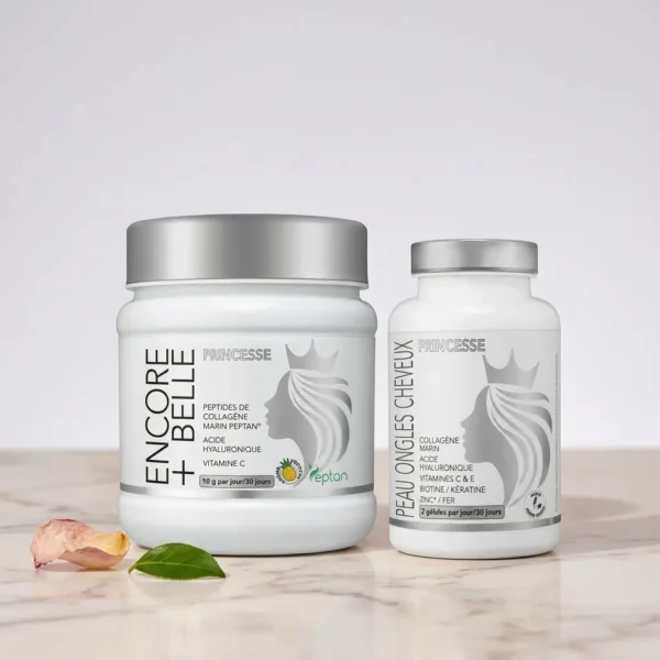 PACK ANTI-ÂGE: deux flacons blancs avec étiquettes gris argenté, logo couronne, texte encadré, sur fond clair.