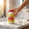 Pot de COENZYME Q10 + Vitamine E jaune avec etiquette "HEALTHY COENZYME Q10 VITAMINE E" sur une table, main saisissant le flacon près d’un verre d’eau.