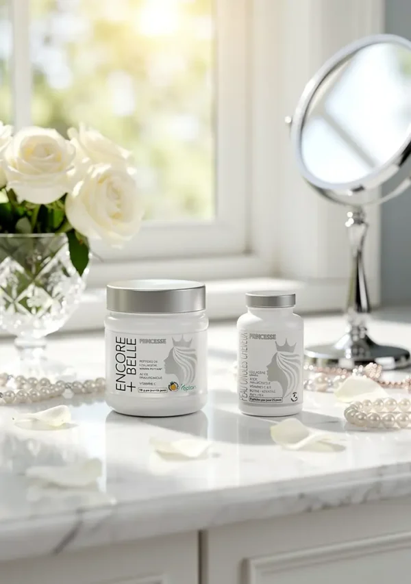 PACK ANTI-ÂGE : pot et flacon blancs sur une surface miroir, ambiance lumineuse avec roses et miroir de beauté en arrière-plan.