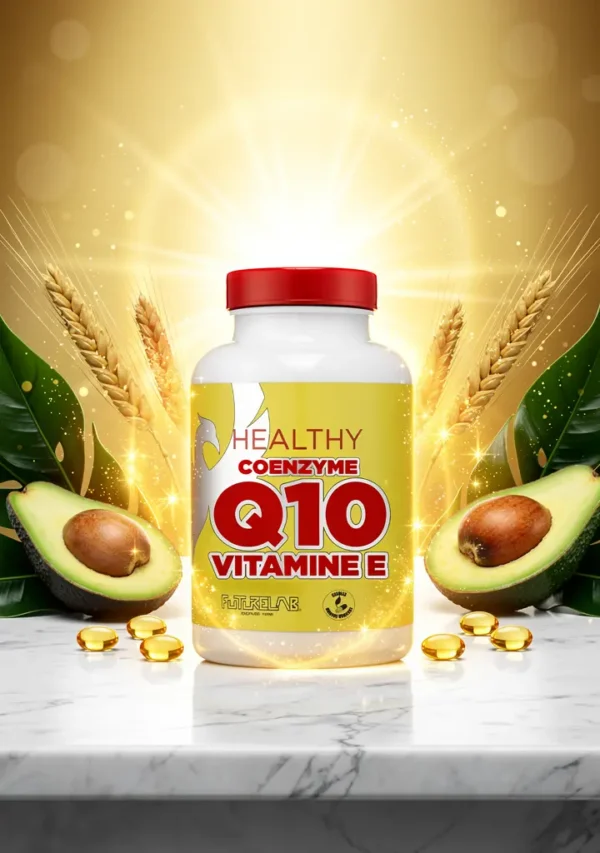 Gélulettes COENZYME Q10 + Vitamine E sur fond doré, autour d’avocats et céréales, design lumineux et santé.