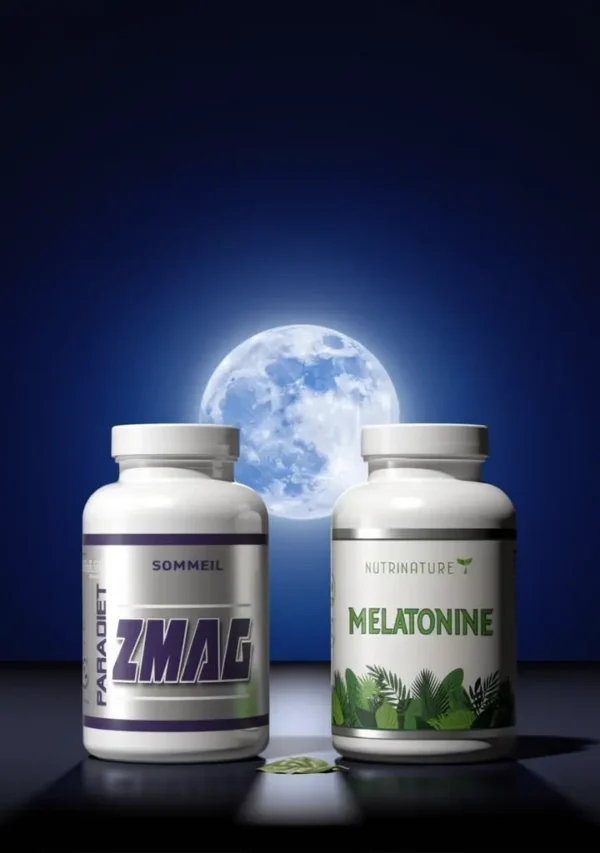 PACK SOMMEIL: deux compléments alimentaires en flacons blancs sur fond nocturne avec lune bleue, feuille verte et feuilles en motif.