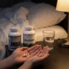 Deux bouteilles de compléments au lit, dont l’une étiquetée MELATONINE, et des gélules posées sur les paumes, près d’un verre d’eau et d’une lampe de chevet. Context PACK SOMMEIL.