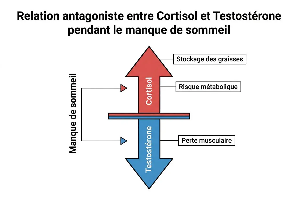 Diagramme montrant la relation antagoniste entre le cortisol et la testostérone lors d'une mauvaise qualité de sommeil, avec pertes musculaires et stockage des graisses. Le sommeil affecte l'équilibre hormonal et le sommeil et la testostérone.
