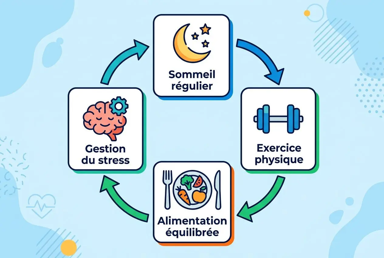 Schéma sur l’équilibre hormonal : sommeil régulier et influence du stress, exercice physique et alimentation équilibrée, lien avec le sommeil et la testostérone