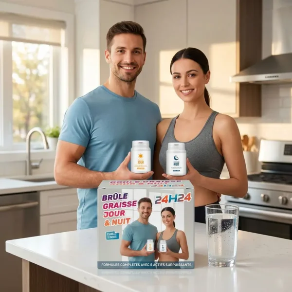 Homme et femme souriants dans une cuisine, tenant des bouteilles de suppléments "Jour" et "Nuit" près d'un pack 24H24.