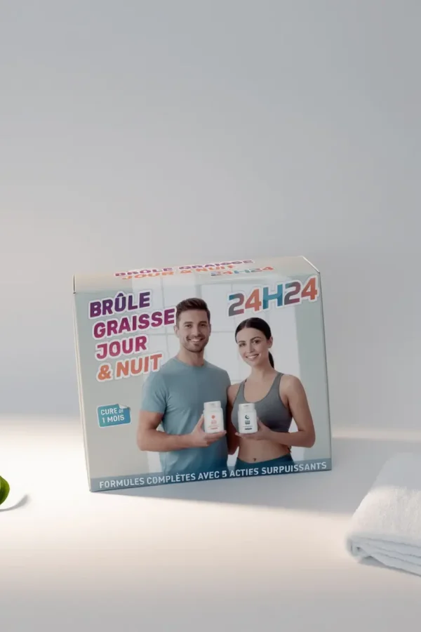 Boîte du produit 24H24 BRÛLEUR JOUR & NUIT avec un homme et une femme tenant des flacons, texte “Brûle Graisse Jour & Nuit”.