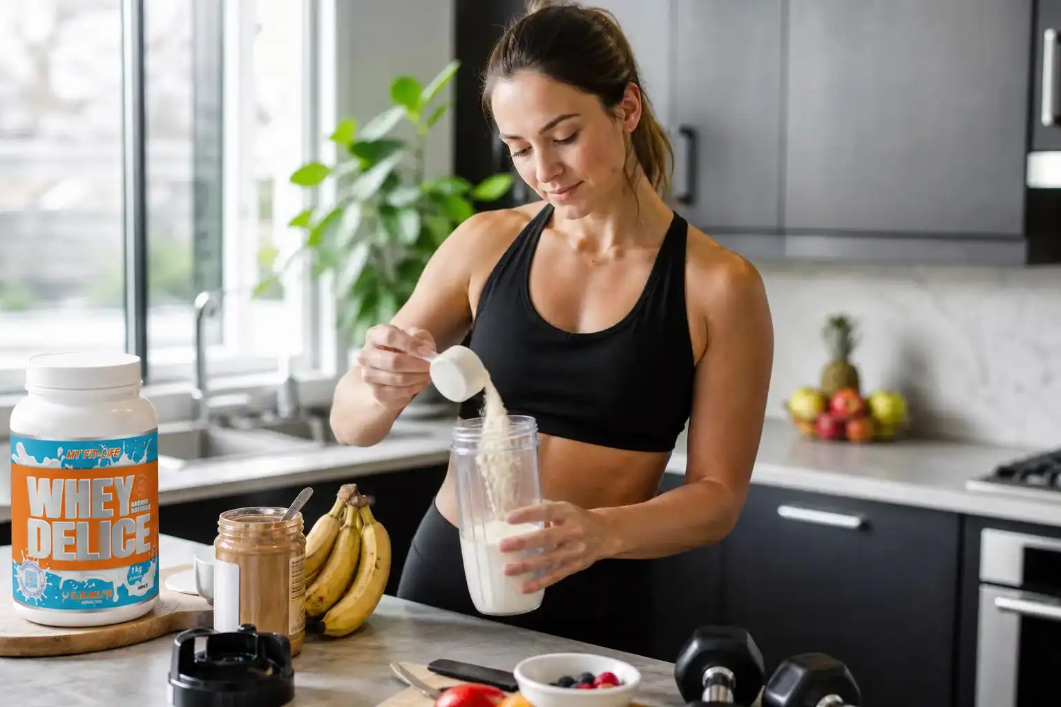 Athlète femme versant de la poudre protéinée dans un shaker, avec pot de whey et bananes sur le plan de travail. Alt nutriments sportif. Athlète femme versant de la poudre protéinée dans un shaker, avec pot de whey et bananes sur le plan de travail. Alt nutriments sportif.