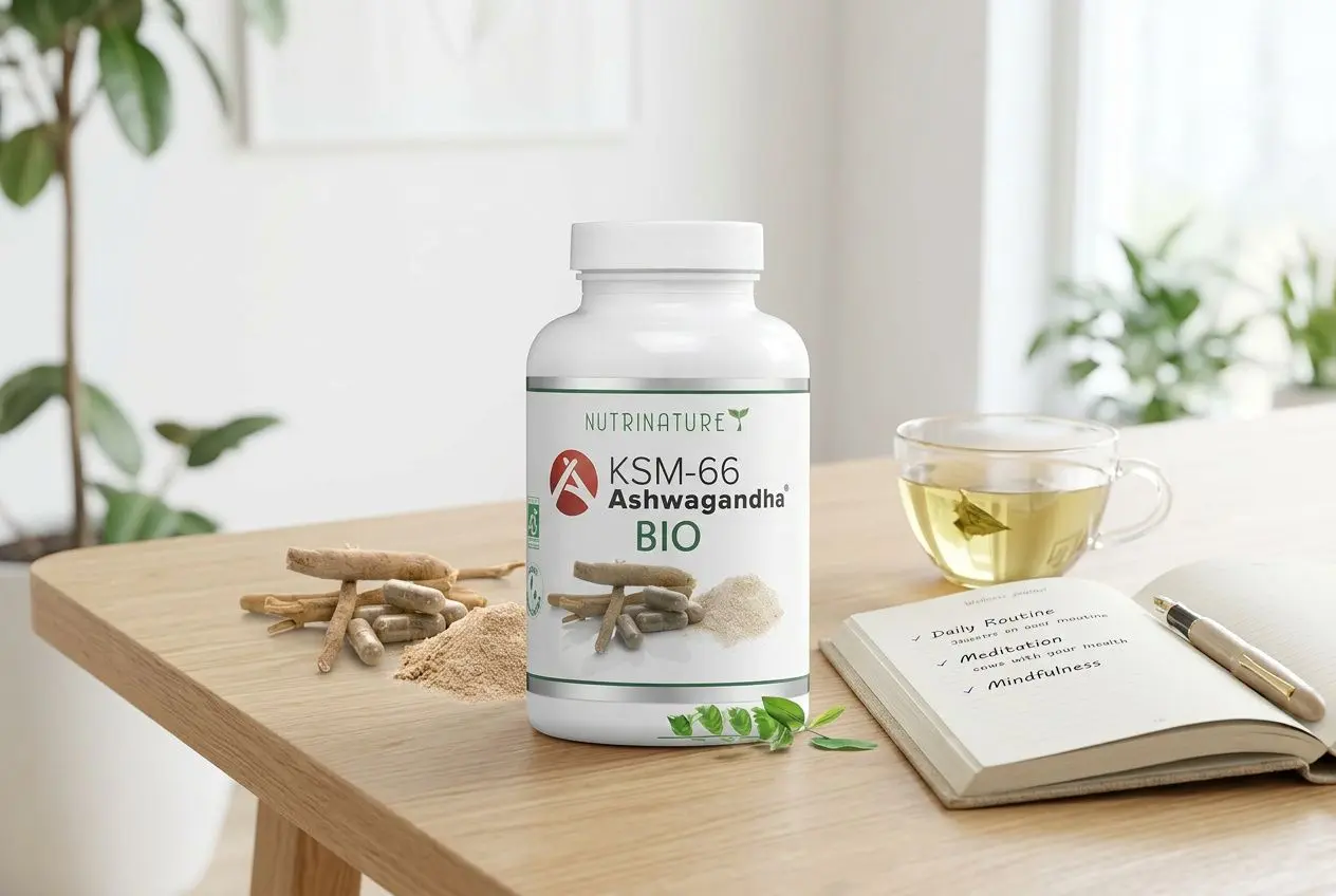 Boîte de KSM-66 Ashwagandha Bio sur une table, avec des racines d’ashwagandha et un thé à côté, ambiance calme. ash… intégral “ashwagandha ksm66 ou shoden quelle différence ?”