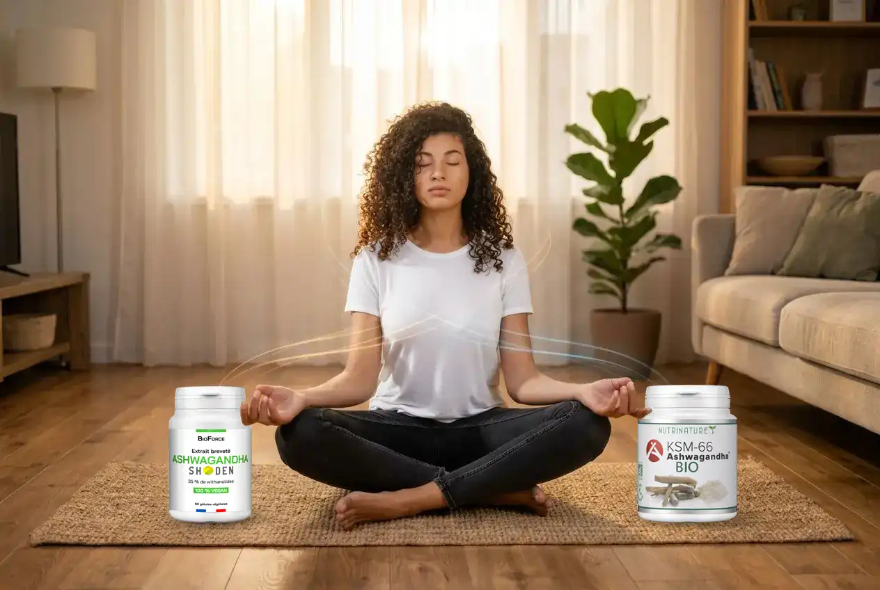 Femme assise en lotus sur un tapis, yeux fermés, en train de méditer chez elle; deux pots de compléments nutritionnels à l’avant, uni dans le cadre. Femme assise en lotus sur un tapis, yeux fermés, en train de méditer chez elle; deux pots de compléments nutritionnels à l’avant, uni dans le cadre.