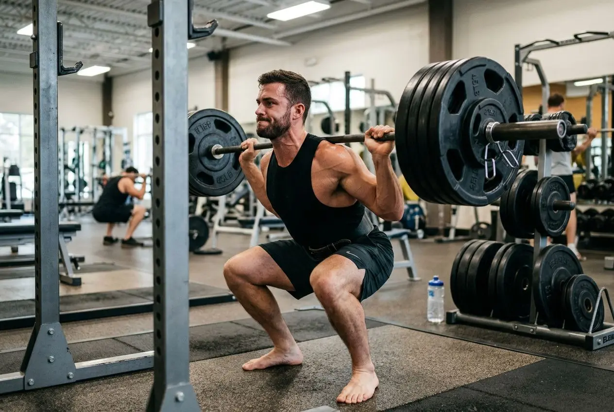 Homme musclé effectuant un squat avec une barre chargée en poids lourds dans une salle de sport. ashagandha ksm66 ou shoden quelle différence ?
