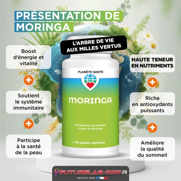 Préent se présentant Moringa sur flacon blanc et vert, entouré d’éléments naturels et globe terrestre, avantages affichés en bulles.