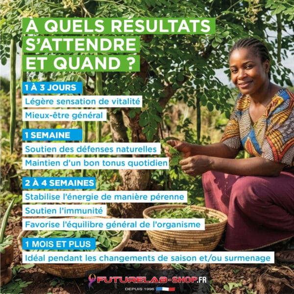 Texte sur fond vert et blanc superposé: femme assise près d’un arbre, récolte de moringa, baskets et paniers; conseils santé et bien-être affichés. CRÉA VIGNETTE SITE MORINGA4