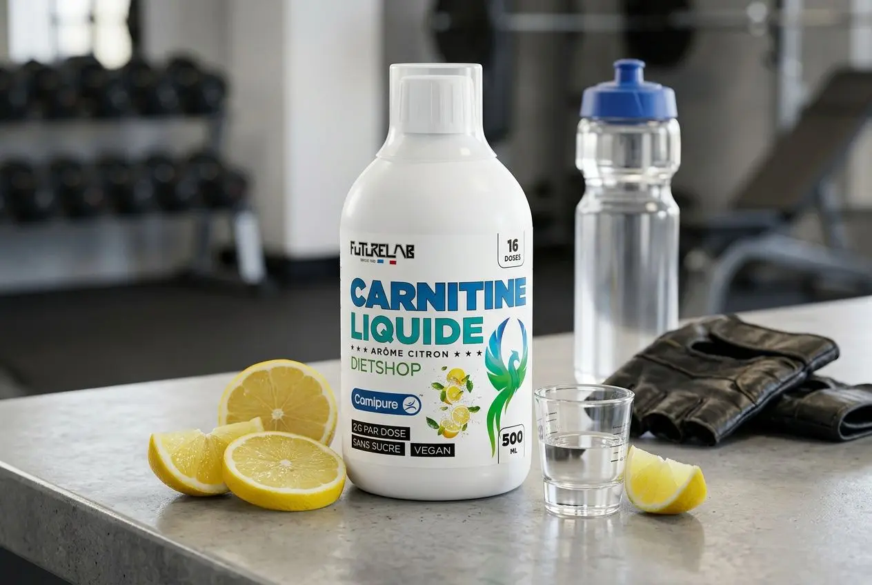 Bouteille de carnitine liquide FutureLab posée sur un comptoir de salle de sport avec des tranches de citron frais.