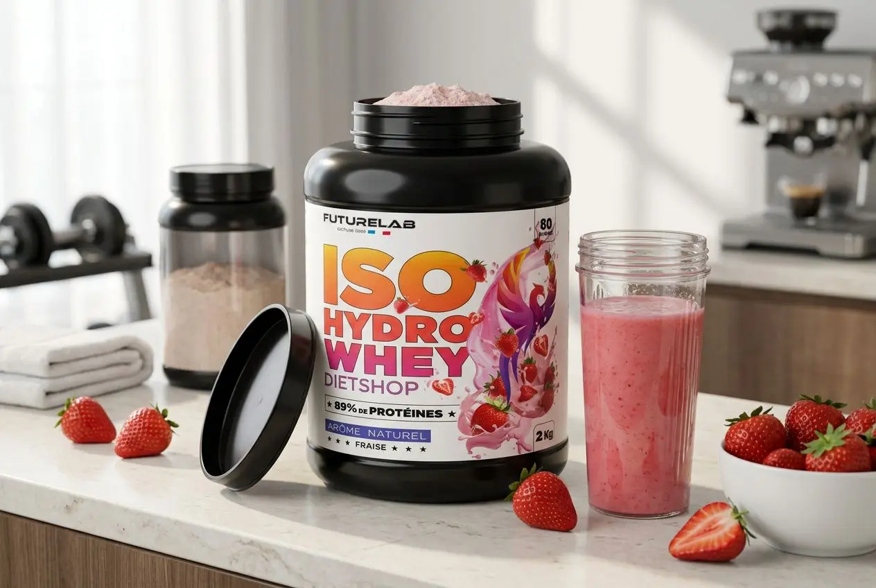 Différence entre isolat et concentré de whey : pot de whey iso hydrowhey avec smoothie rose et fruits frais sur le comptoir.