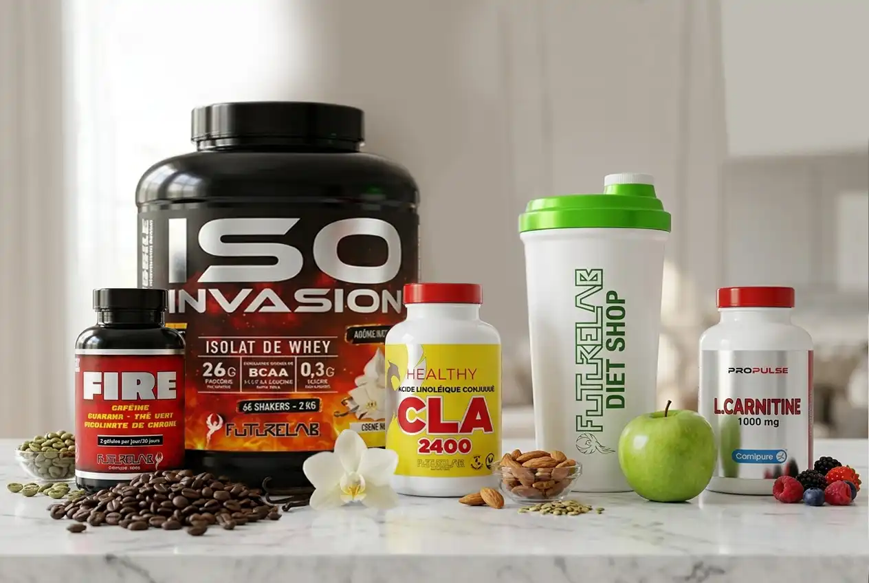 Gamme de compléments sportifs: pots de protéines ISO INVASION, CLA 2400, Fire et L-Carnitine, shakers et fruits, sur fond blanc. Gamme de compléments sportifs: pots de protéines ISO INVASION, CLA 2400, Fire et L-Carnitine, shakers et fruits, sur fond blanc.