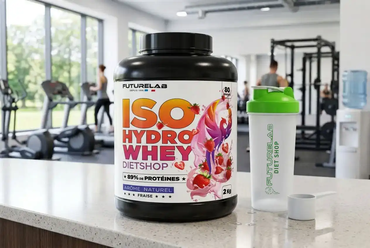 Pot de Iso Hydro Whey de FutureLab Lab sur un comptoir de salle de sport avec shaker vert à côté. Pot de Iso Hydro Whey de FutureLab Lab sur un comptoir de salle de sport avec shaker vert à côté.