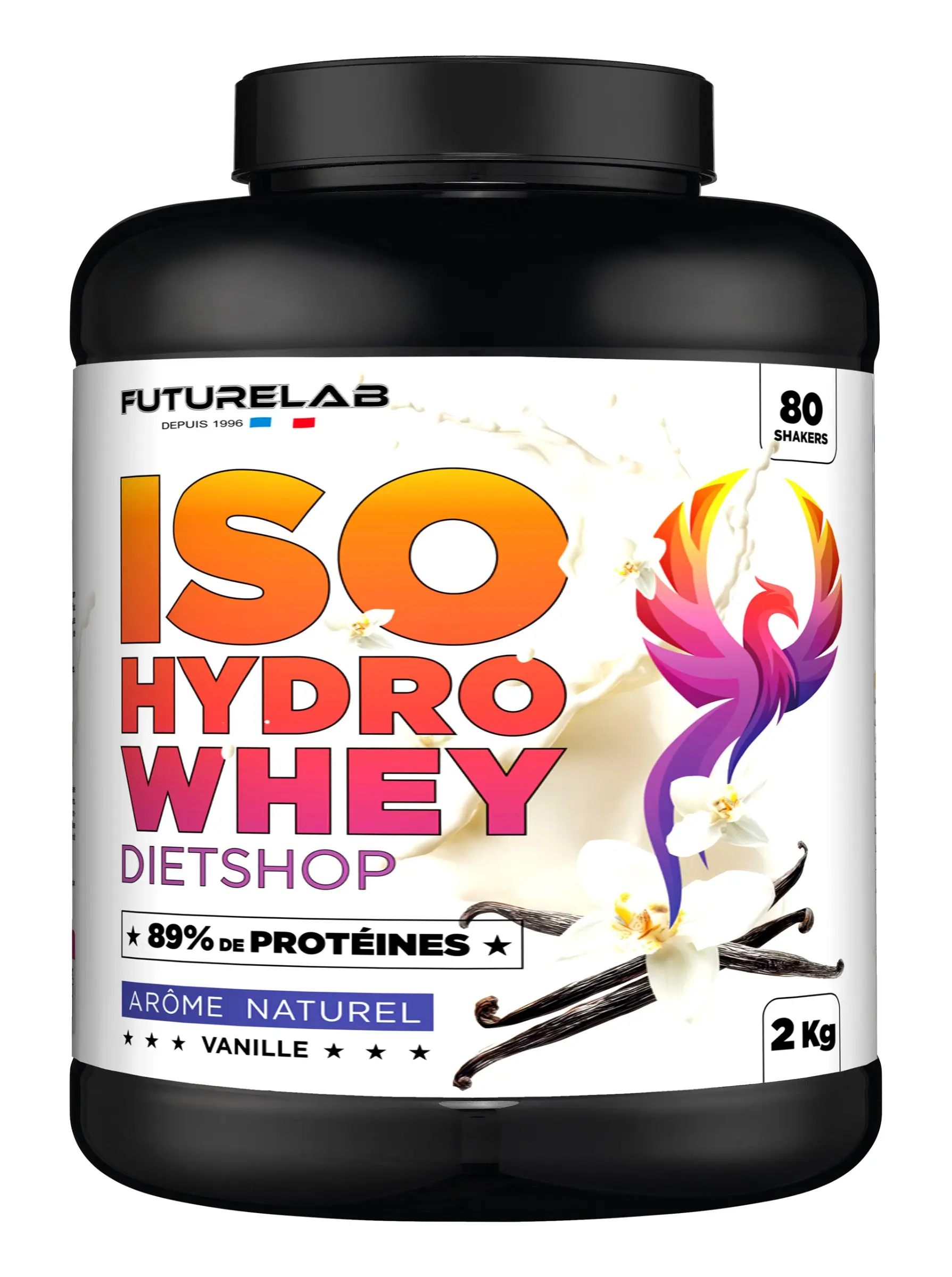 Pot de iso hydro whey vanille 2 kg, arôme naturel, vanille, avec logo FutureLab et motif floral blanc. Pot de iso hydro whey vanille 2 kg, arôme naturel, vanille, avec logo FutureLab et motif floral blanc.