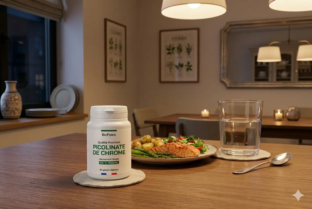 Poudre BiForce Piccolinato de Chrome sur une table de cuisine avec assiette de salade et verre d’eau, dans une salle à manger chaleureuse. Poudre BiForce Piccolinato de Chrome sur une table de cuisine avec assiette de salade et verre d’eau, dans une salle à manger chaleureuse.